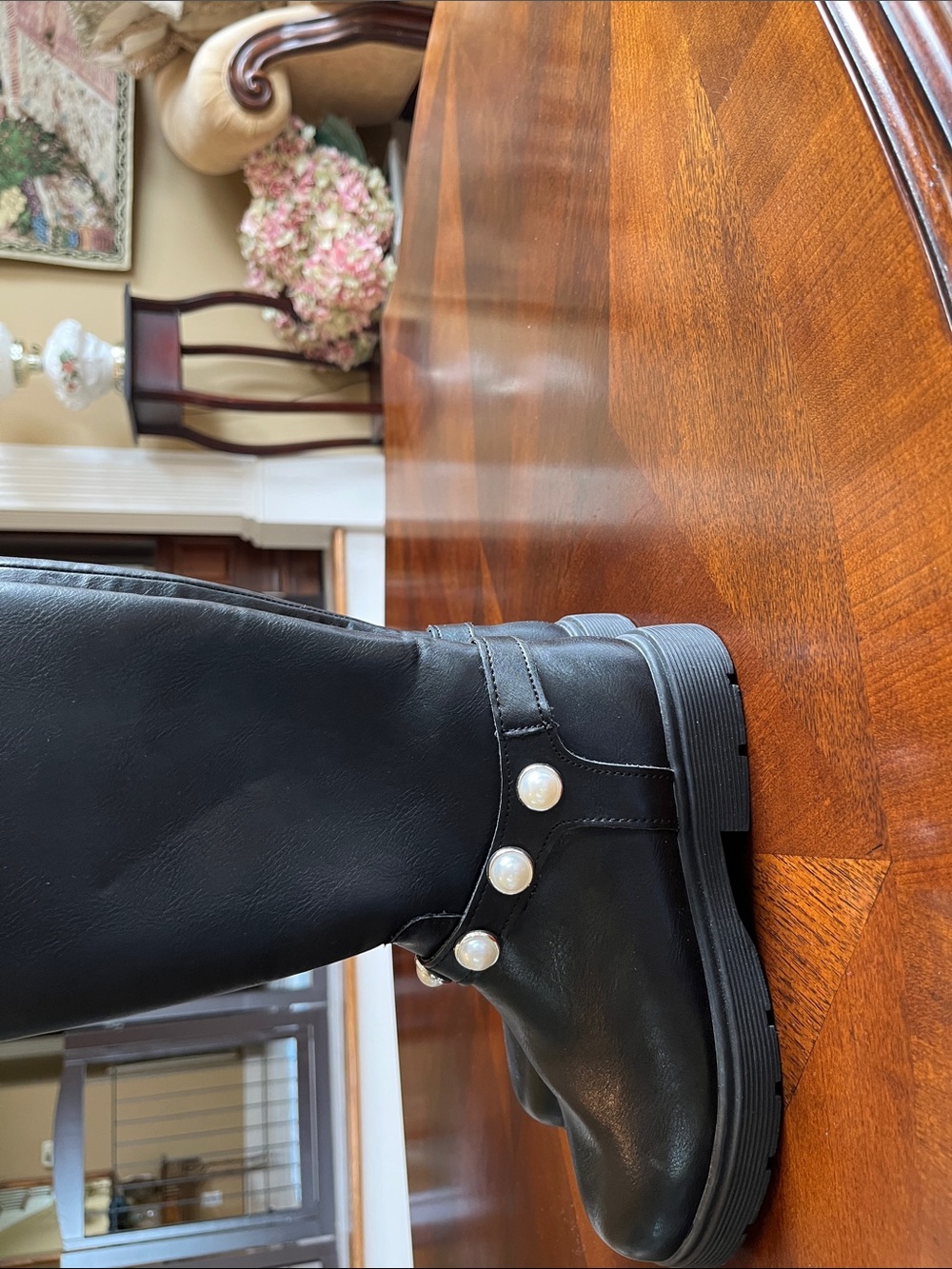 Black Faux Leather Knee Boot with Pearl Accent